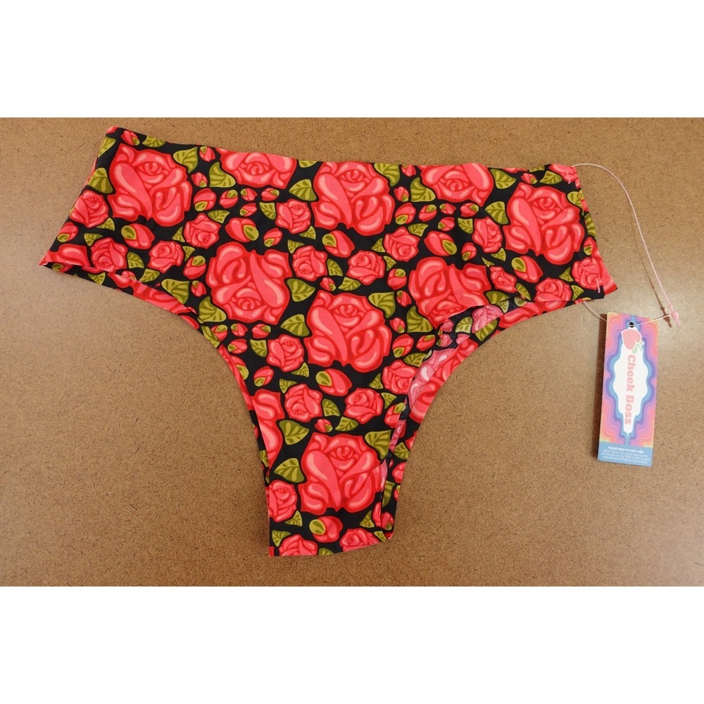 Cheek Boss Womens Size Small Black Red Roses Cheeky Panty NWT